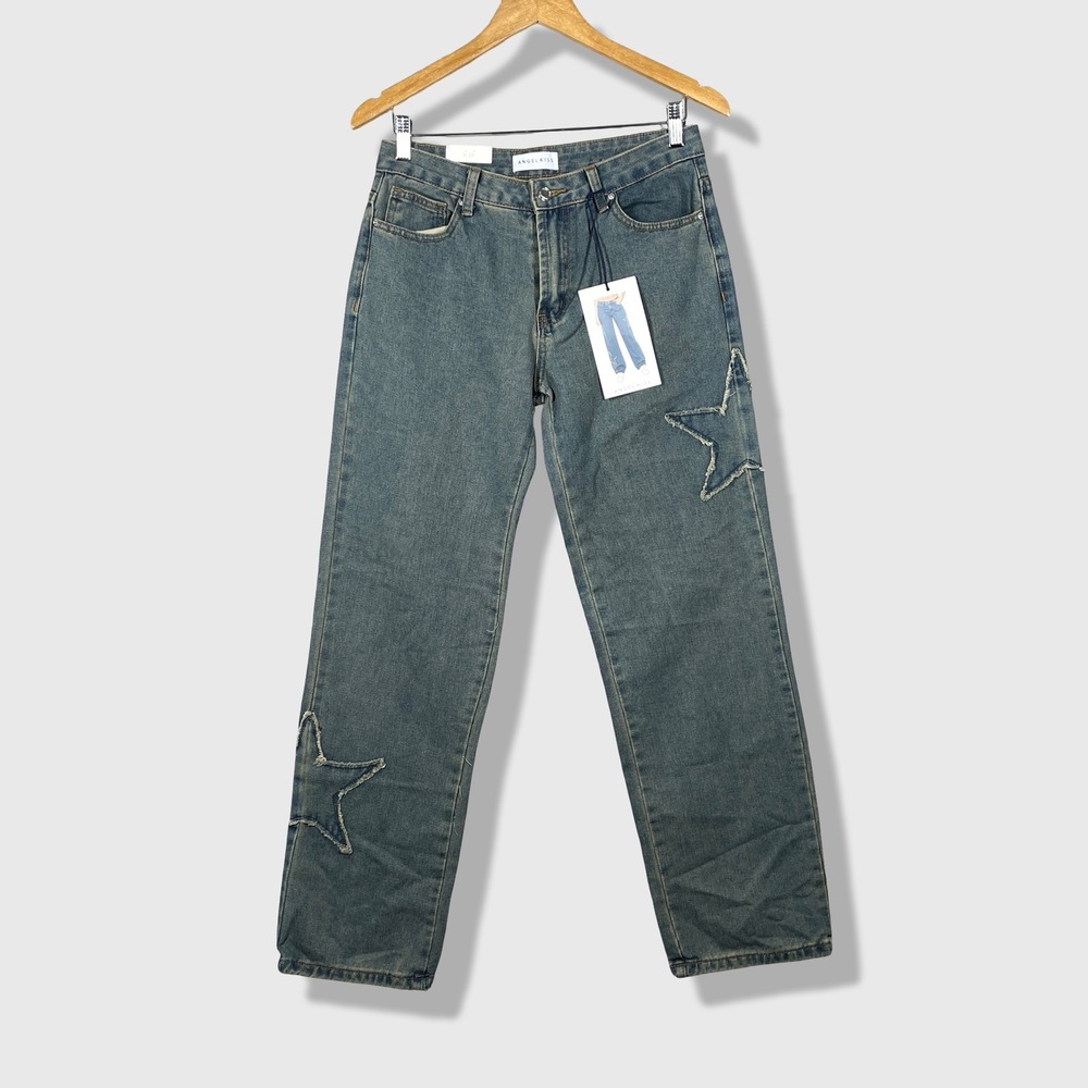 Angel Kiss Star Patch Jeans Womens 5/27 Blue Y2K Streetwear Retro Indie Grunge